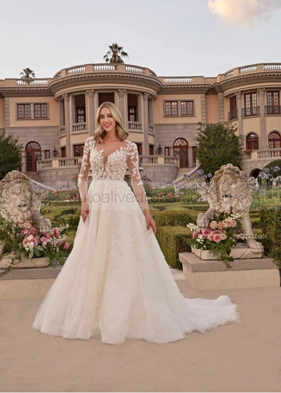 Beaded Ivory Lace Tulle Keyhole Back Floral Wedding Dress Beaded Ivory Lace Tulle Keyhole Back Floral Wedding Dress